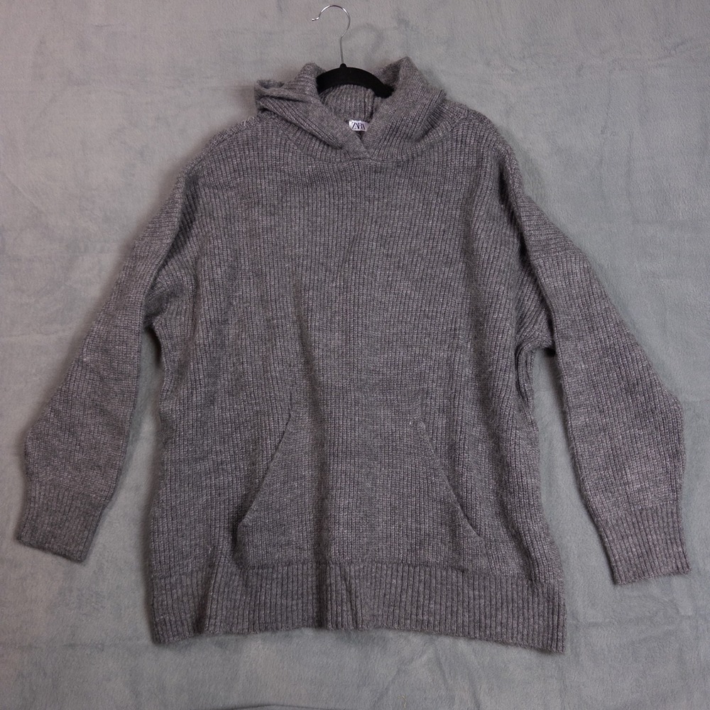 Zara Knit Hoodie Women Medium Grey Good Oversized Ribbed Pullover Sweater